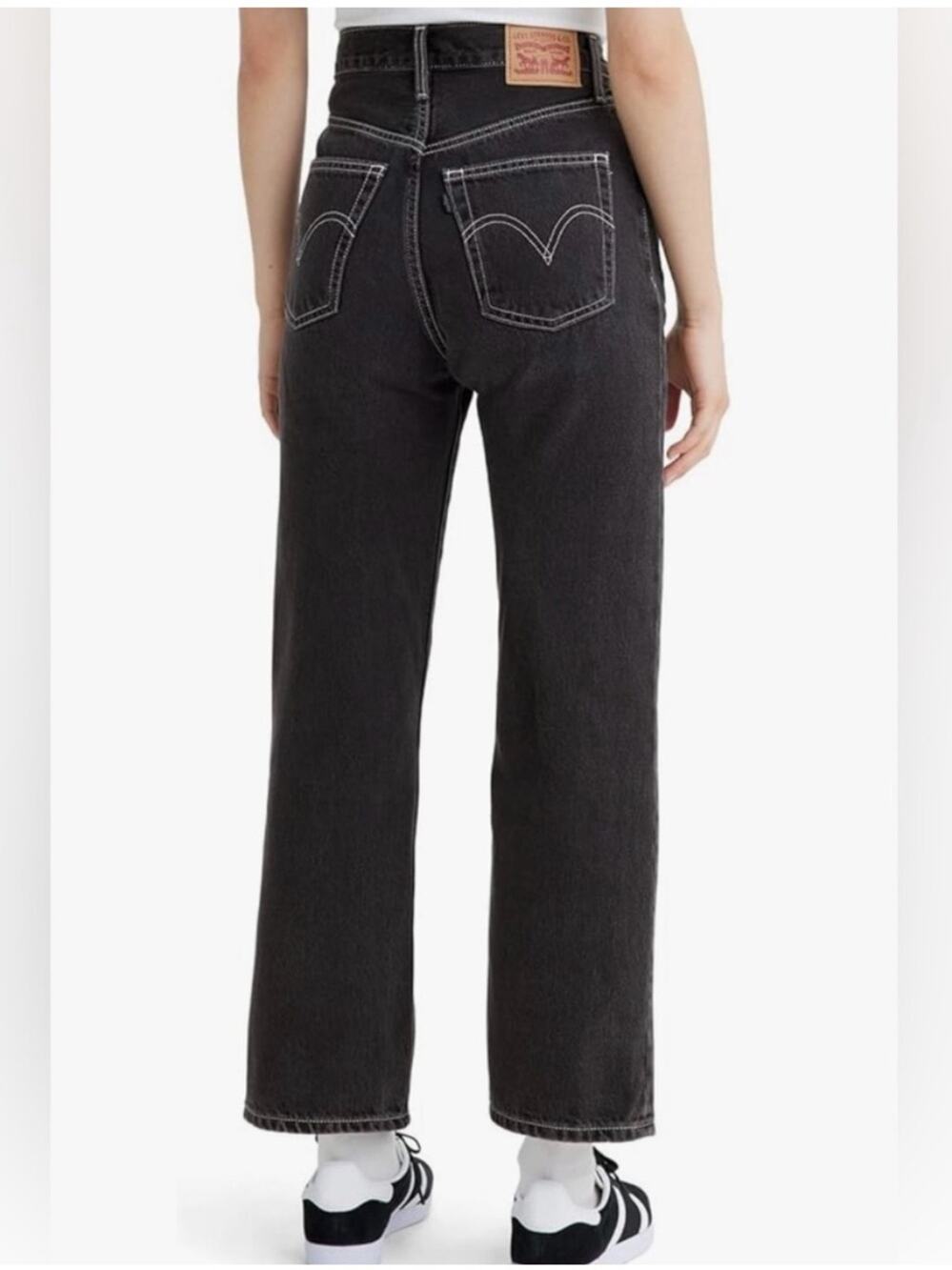 Levi’s Ribcage Straight Ankle Black Denim White Stitching Snap Buttons Jeans